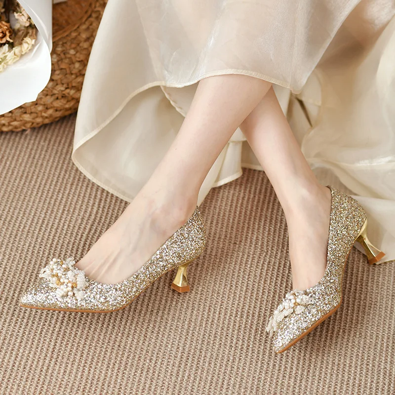 

Red Wedding Shoes High Heels Champagne Sequins Wide Fat Feet Big Size Women Shoes Fashionable Slip-On Single Shoes for Women