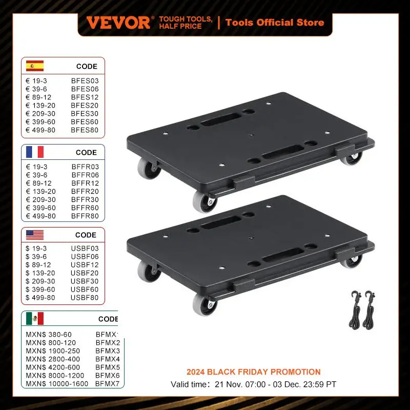 VEVOR 2 Pack Furniture Mover Pallet Trolley 500 lbs Each Count with 4 Wheels Small Flat Dolly Cart for Industrial Machinery