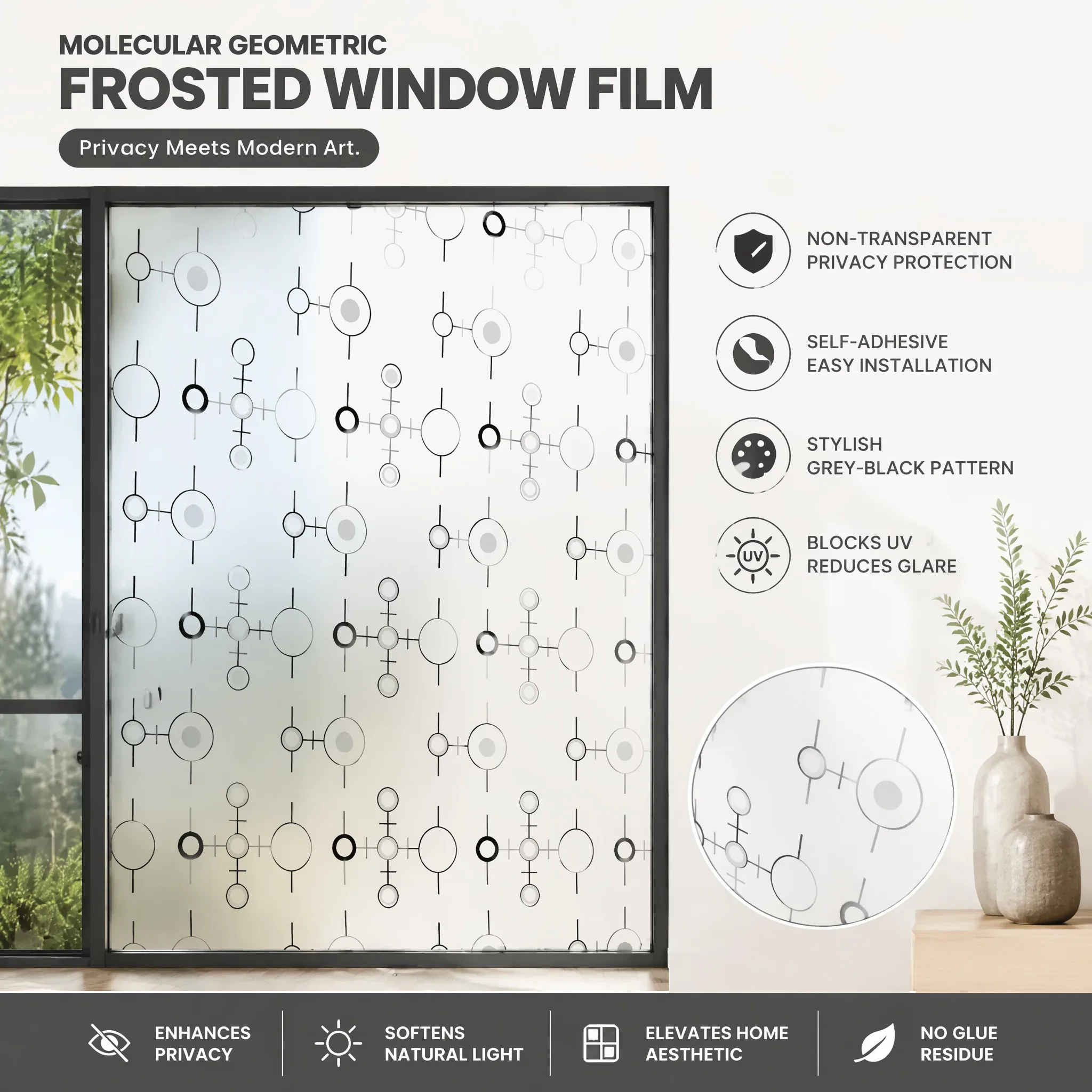 Modern Self-Adhesive Molecular Circle Frosted Window Film 95% Privacy Protection Waterproof Removable No Residue Geometric Glass