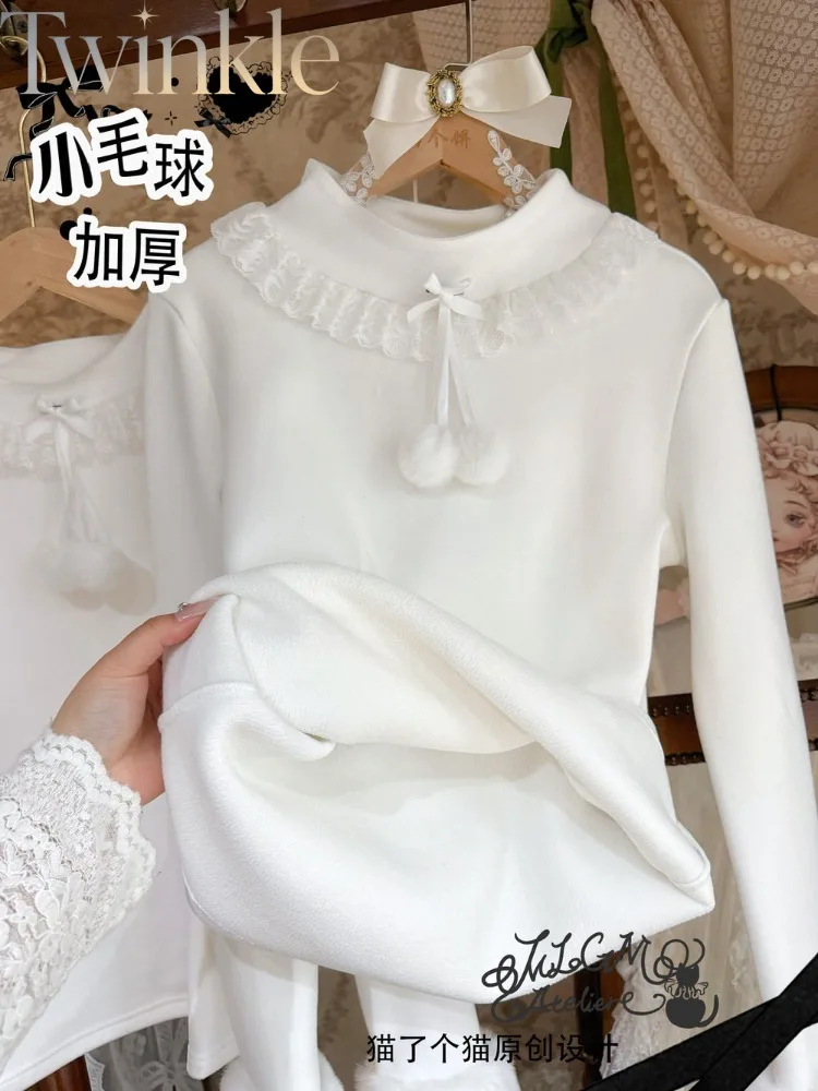 Sweet Lolita Inner Shirt Women Warm Fleece Lining Winter Thick Thermal Cute Kawaii Base Layer Top Long Sleeve Layering Blouse