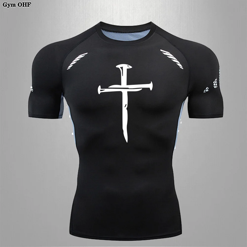 

Men's compression shirt Cross print Gym Sport Quick drying Gym T-shirt Fitness Sport Undershirt Elastic top T-shirt Summer men