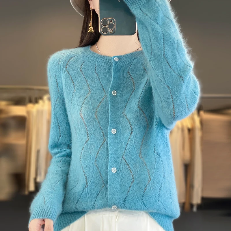 100% Pure Wool Sweater Women\'s Round Neck Cardigan Wave Hollow Cashmere Sweater Jacket Thin Knit Sweater Loose Versatile Sweater