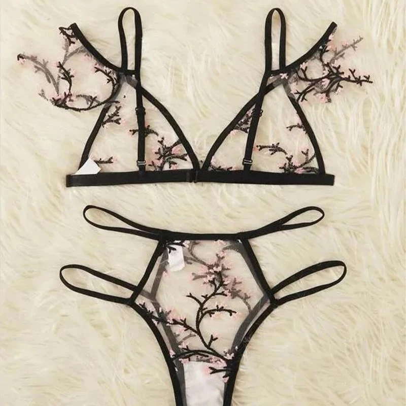Conjunto de ropa interior Sexy para mujer, conjunto de lencería de malla transparente con bordado Floral, sin sujetador, Bralette sin espalda, conjunto de Sujetador de encaje íntimo sexi