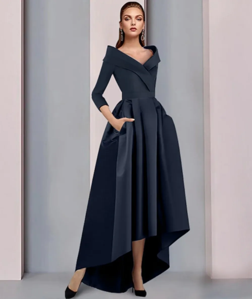 

Вечернее платье с рукавом три четверти, V-образным вырезом, карманами, А-силуэт, для помолвки, с асимметричным подолом, vestido de novia boda