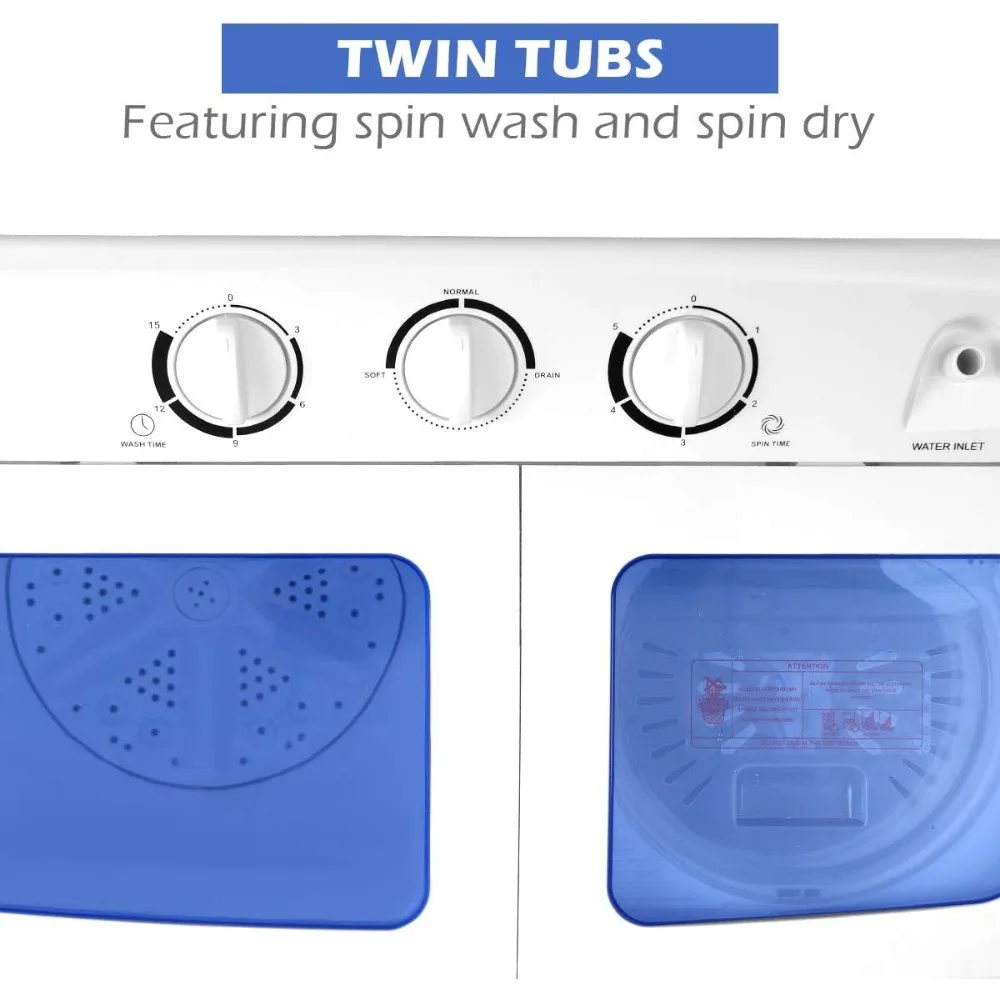 Portable Mini Compact Twin Tub Washing Machine, Semi-Automation 20lbs Washer Spain Spinner Portable Washing Machine, Blue+ White