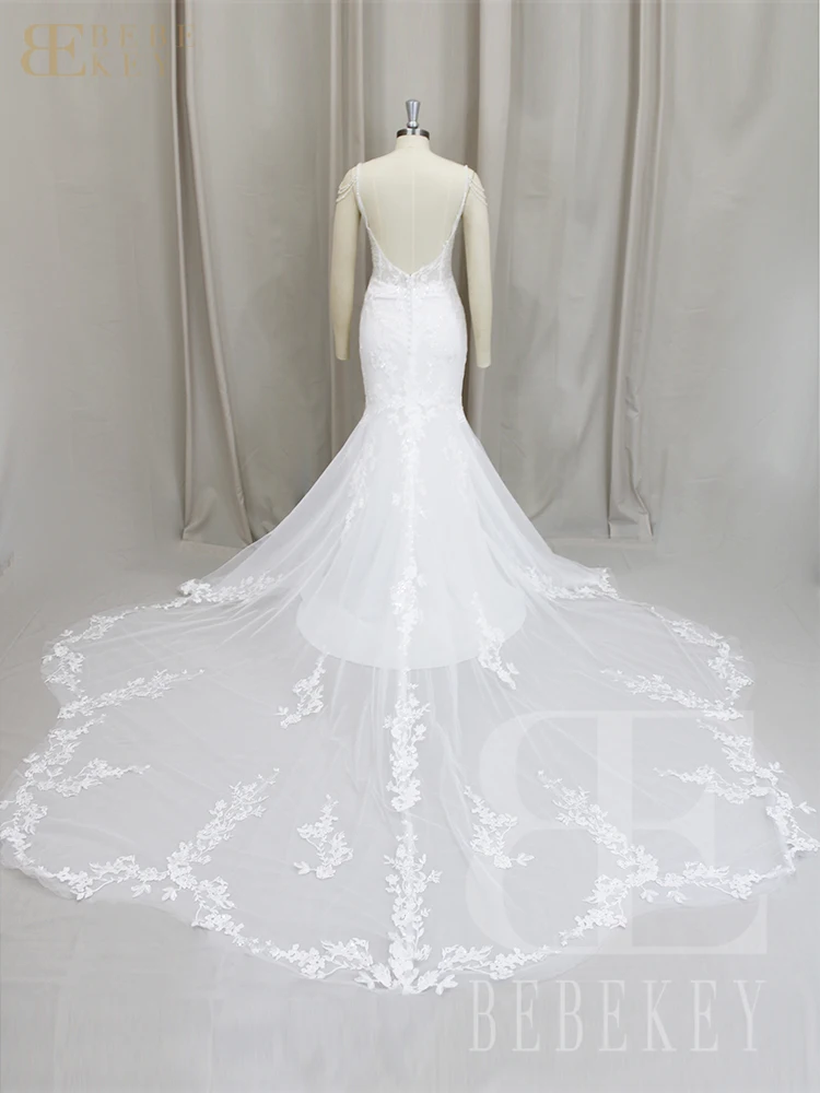 BEBEKEY Customized Luxury Lace Wedding Dress Beaded Appliques Wedding Party Gown Mermaid Bridal Dresses Backless Formal Gowns image 3