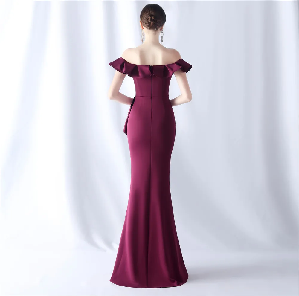 Dark Purple Ruffle Collar Long Evening Dress Burgundy Off Shoulder Prom Dress With Side Slit For Women Party Wedding Ball Gown