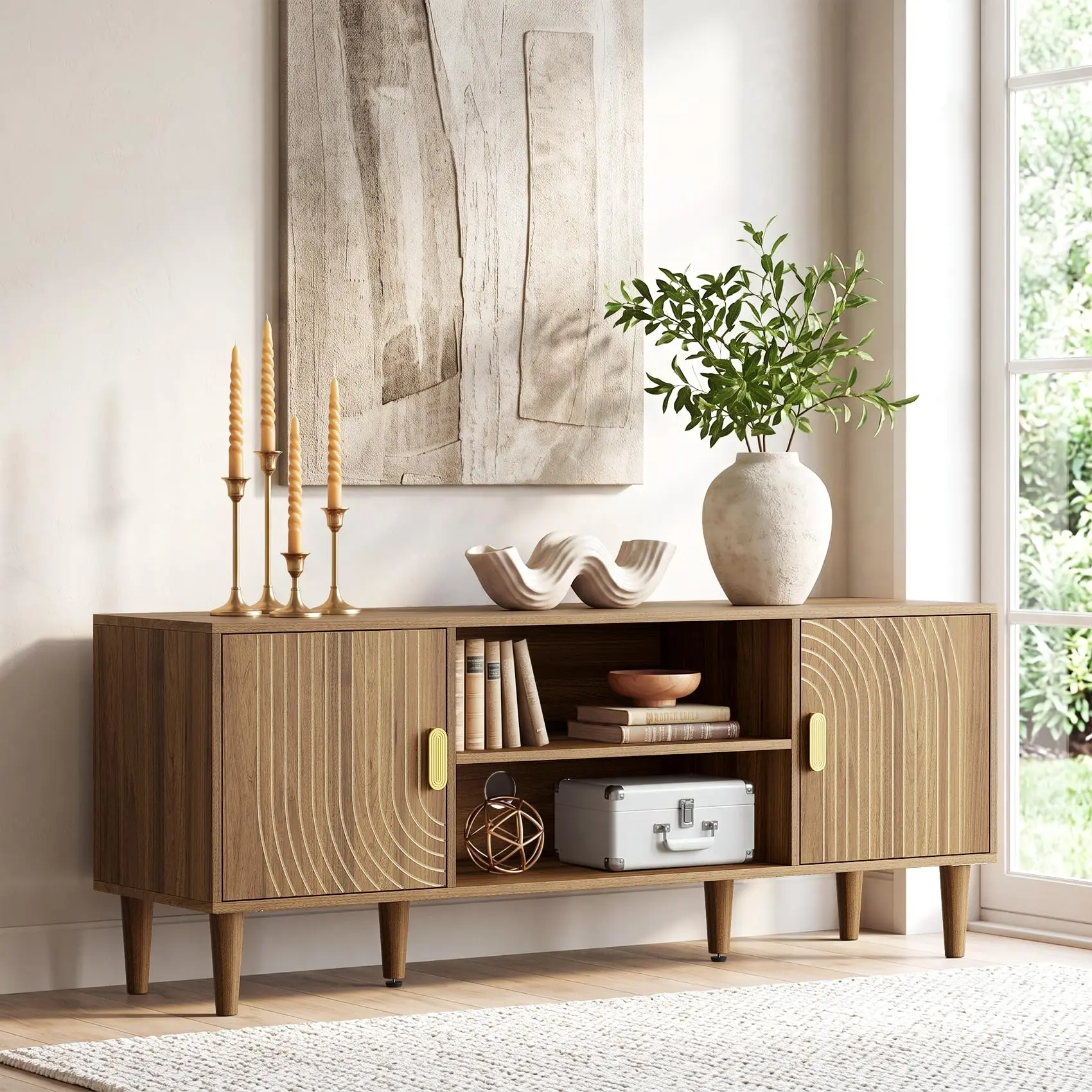 Walnut TV Stand with Line Groove Design, 55.12