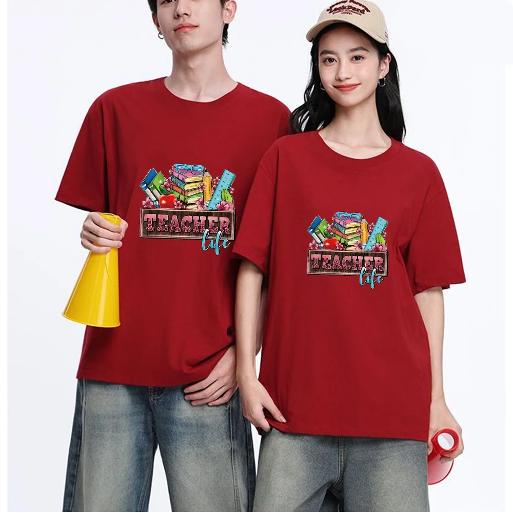 Teacher Life Books Apple Floral Printed T Shirt Breathable Fabric S-XXL Personalized Custom Aesthetic Graphic Top Unisex Fit Cas