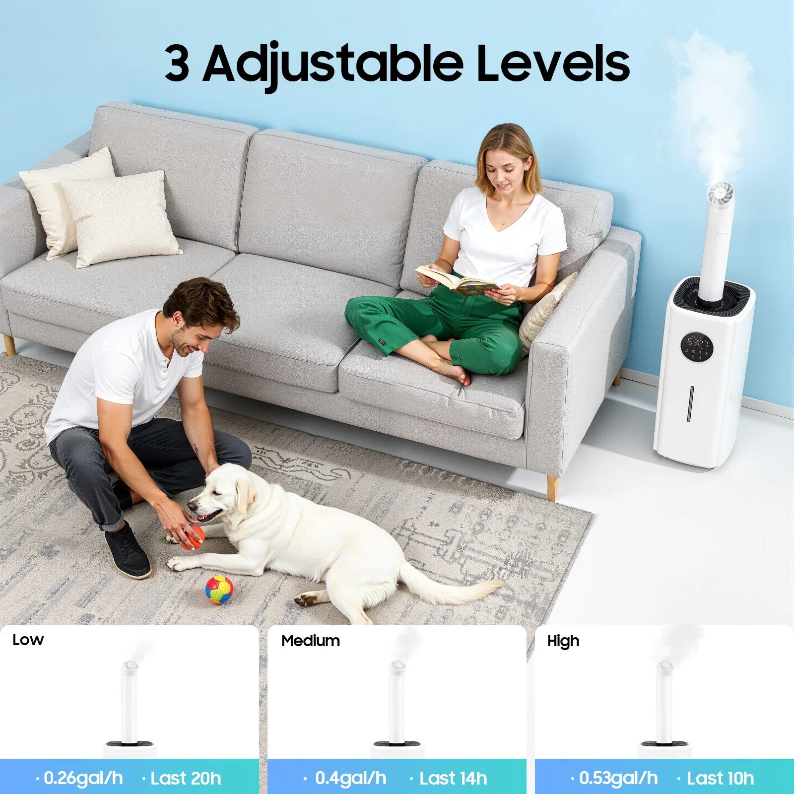 مرطب تجاري 21 لتر، سعة خزان مياه 5.5 جالون، تحكم في الضباب قابل للتخصيص، مخرج رذاذ قابل للتعديل، للغرفة الكبيرة