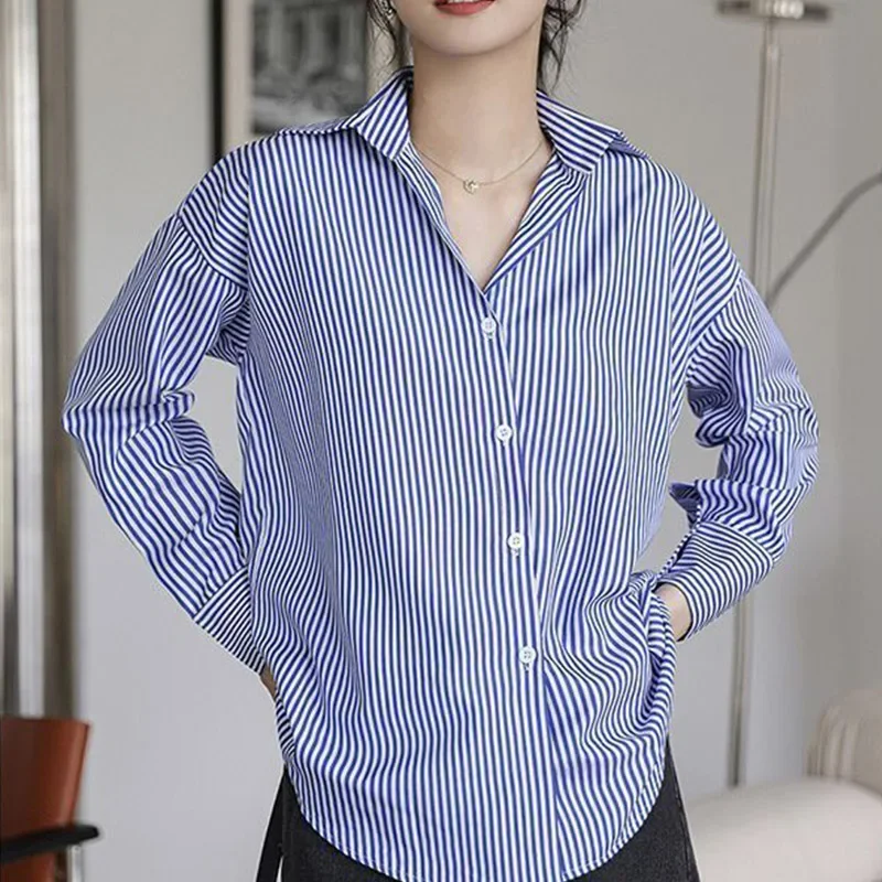 French Style Fashion Casual Original Design Striped Long Sleeved Shirt Autumn Versatile Commuting Vintage Popular Women\'s Top