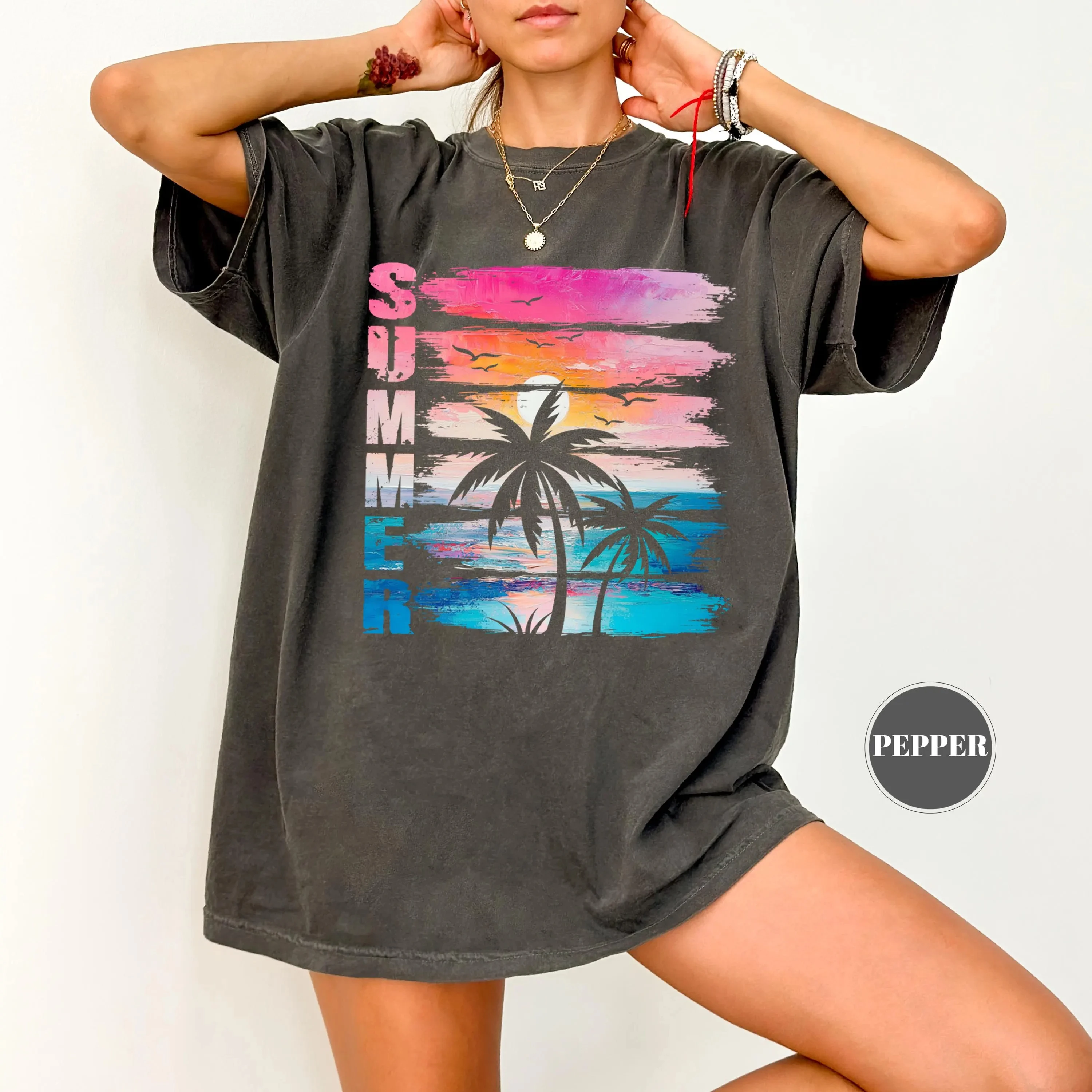 Summer Women's Summer Palm Tree Sunset  Print T-shirt Streetwear Oversized Loose Casual Short Sleeve Suitable for All Seasons