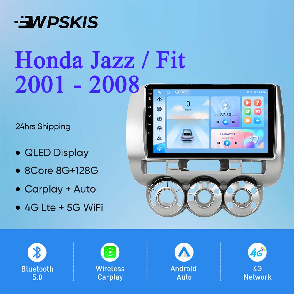 

9'' QLED Carplay Auto Android 14 128G Car Radio Stereo Audio Video HU GPS Navi Tape For Honda Fit Jazz 2002 - 2008 4G Lte WiFi