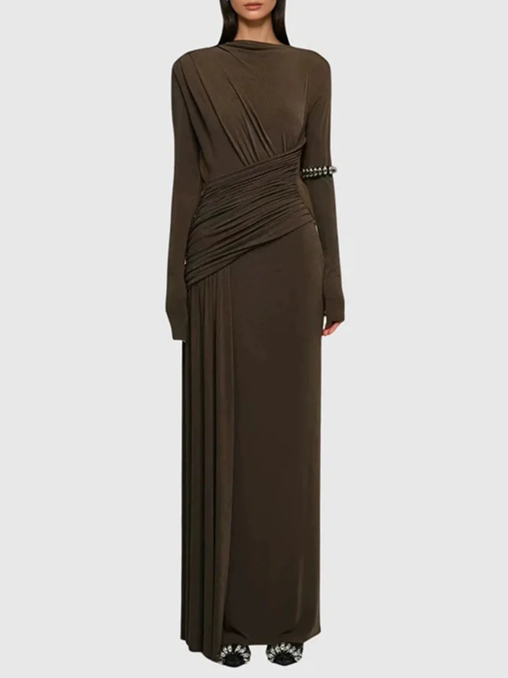 Modphy Elegant Slim Fit Folds Irregular Long Dress Fashion Women Long Sleeve Diagonal Collar Robes 2025 Chic Party Banquet Wear