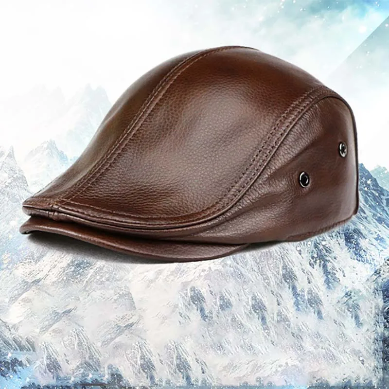 

Autumn Winter Litchi Pattern Genuine Leather Classic Daily Adjustable Large Size Snapback Beret Cap Men Warm Retro Fashion Hat