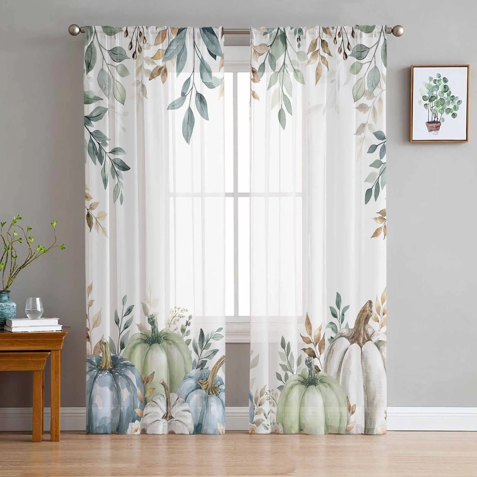 Thanksgiving Eucalyptus Leaves Pumpkin Tulle Curtains for Living Room Sheer Curtain for Bedroom Kitchen Blinds Voile Curtains