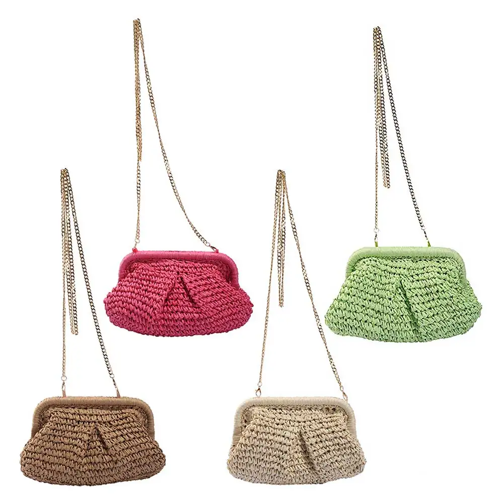 Women Shoulder Bag Dumpling Straw Handbag Pouch Rattan Woven Tote Bag Summer Beach Chain Candy Color Satchel Bags Messenger Bag