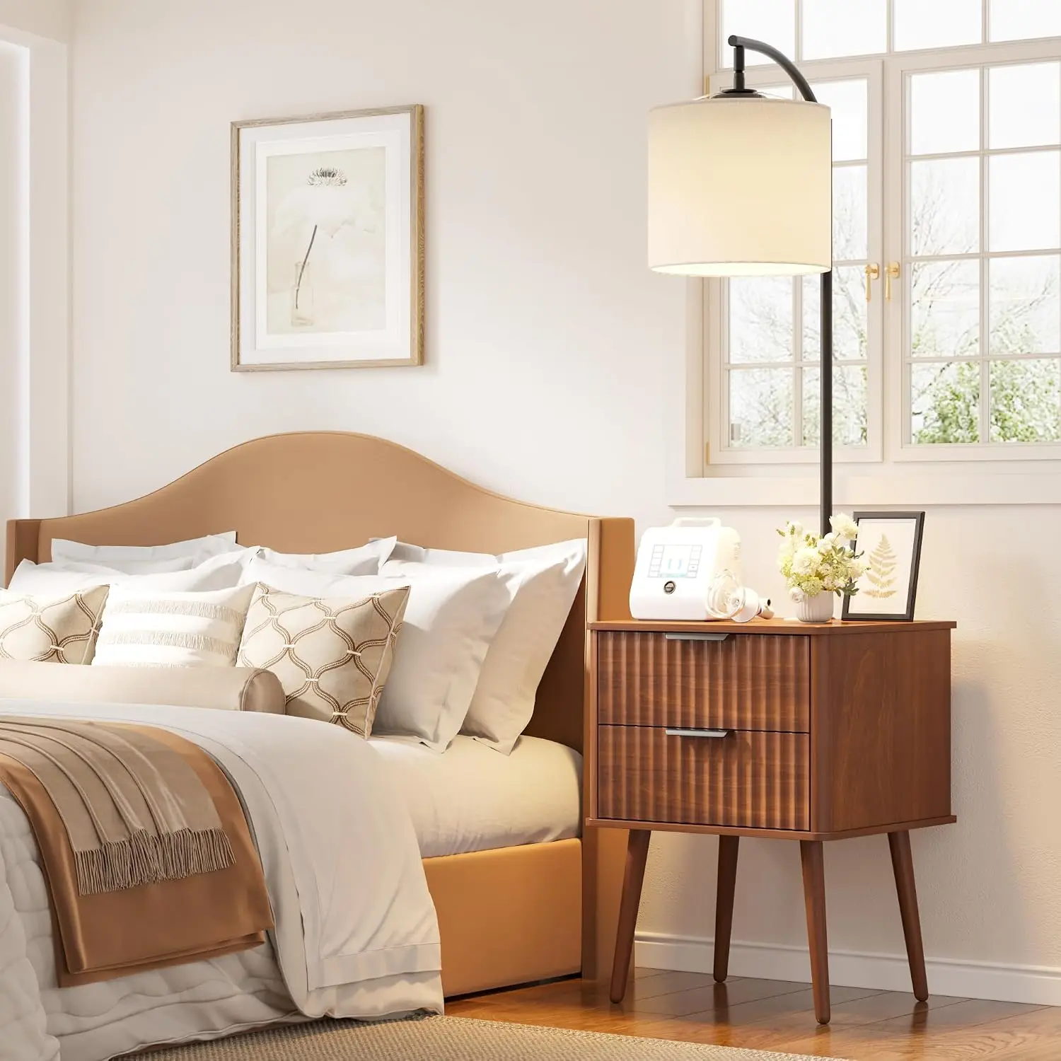 LED Nightstand with Lamp Beige Shade Bedroom Brown 2 Drawer 3 Color Light Bedside Table USB & Type-C End Table, Customized