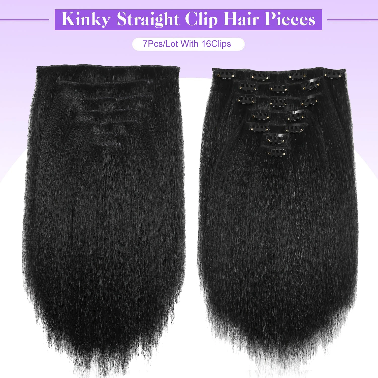 7PCS Kinky Straight Clip ins Hair Extensions Full Head Yaki Straight Seamless Clip in Synthetic Hair Pieces for Women