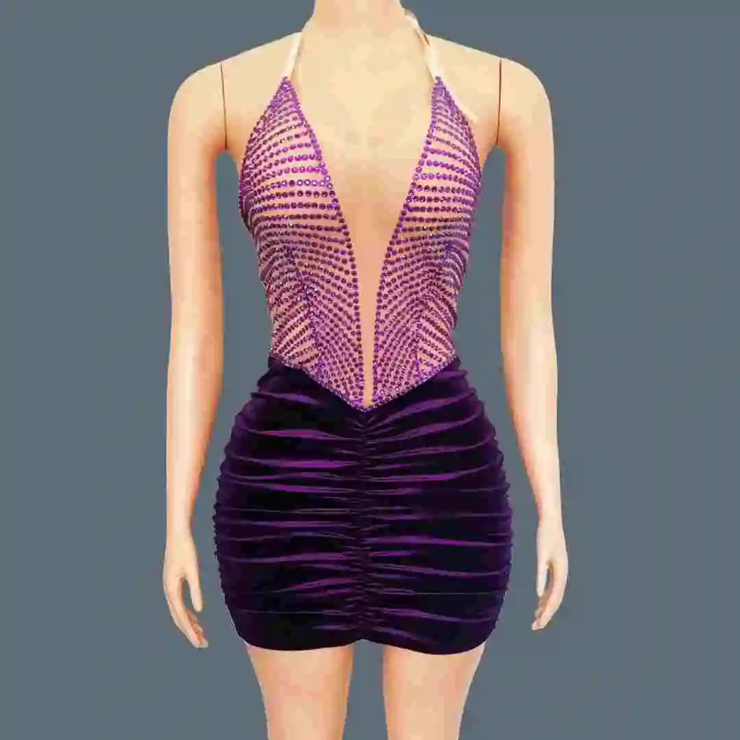 

Purple Velvet Short Dress Internet Celebrity Birthday Party Outfit Sexy Beauty Mini Dress Photo Shoot Sheer Mesh Dress Ziwaixian