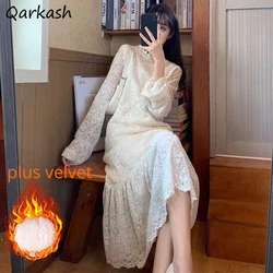 French Temperament Lace Simple Midi Dresses Women Plus Velvet Vintage Stylish Female Long Sleeve Ulzzang Loose Vestidos Folds