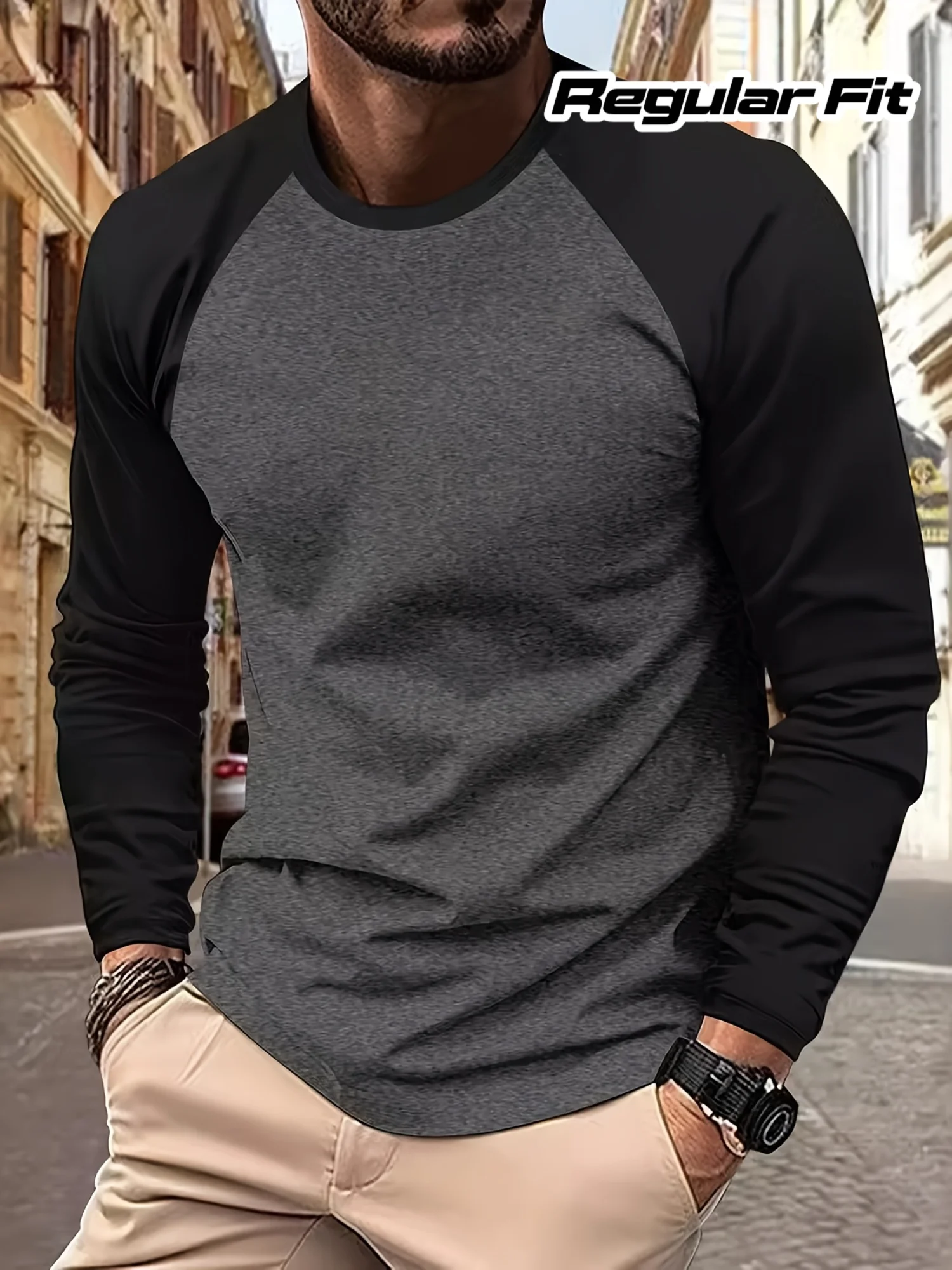 

Men's round-neck sleeved top for spring and autumn, long-sleeved T-shirt, casual, slimming, elastic and soft T-shirt