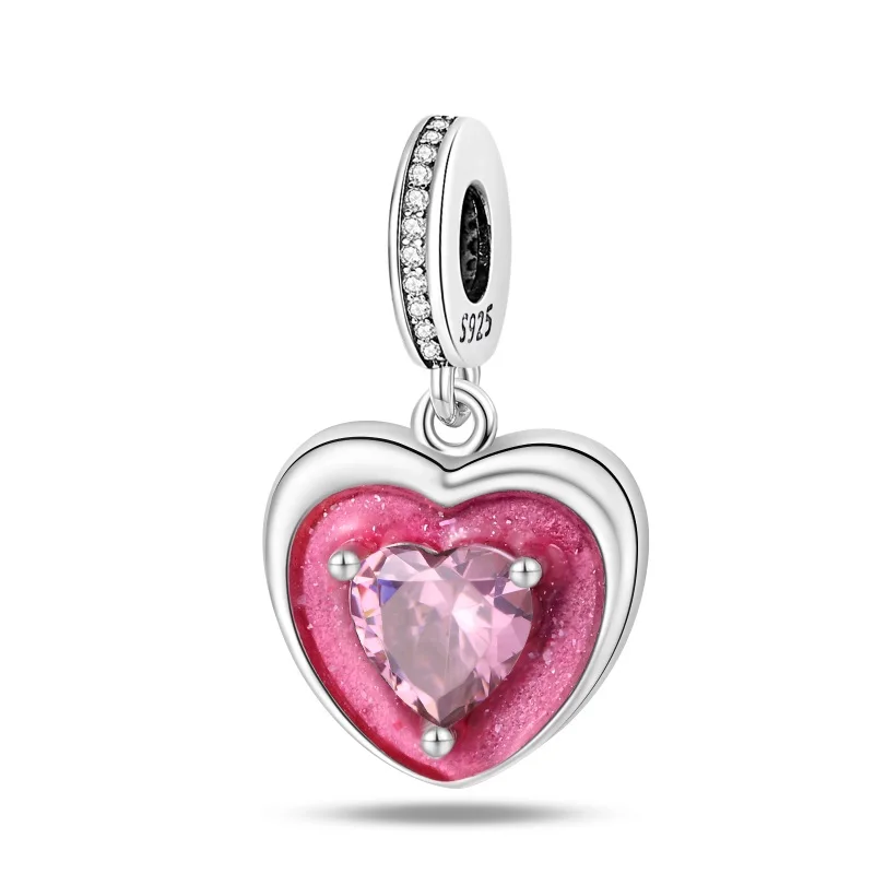 

925 Sterling Silver Love Heart Pink Charms Bead Zircon Dangle Fit 3mm Original Bracelet DIY Women Birthday Anniversary Jewelry