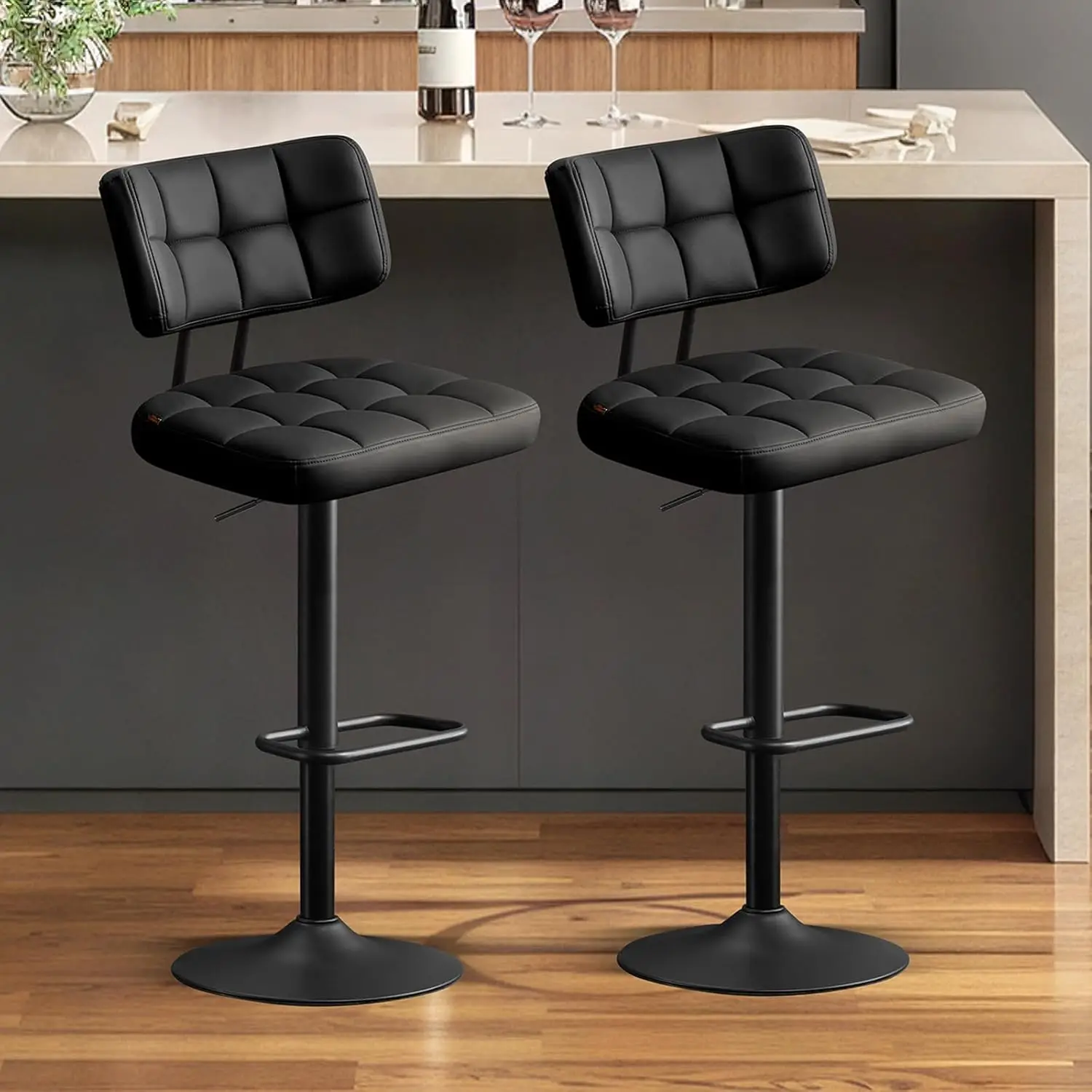 

Modern Bar Stools Set of 2 Faux Leather, Upholstered Swivel Barstools with Back, Adjustable Bar Chairs Counter Height for Kitche