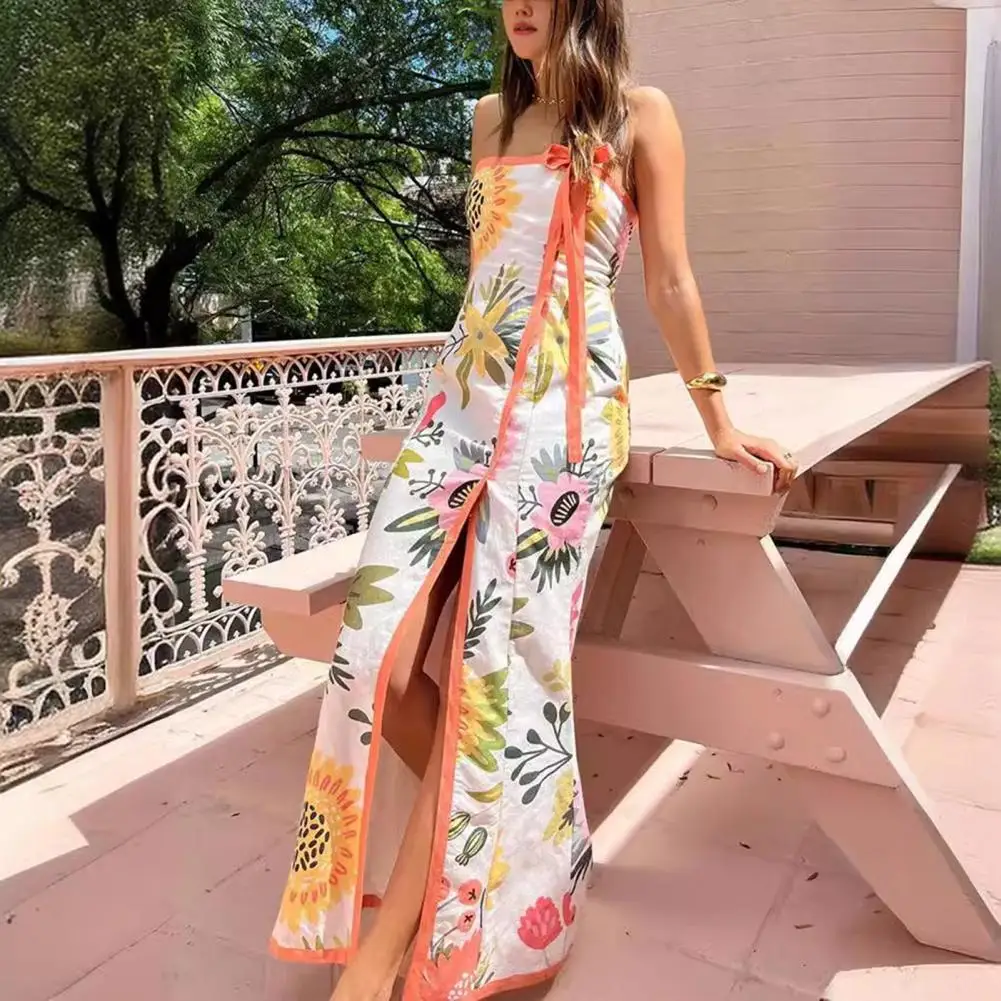 

Women Vacation Dress Slim Fit Off Shoulder Bandeau Split Floral Hem Summer Dress Lace-up Strap Decor Backless Resort Wear