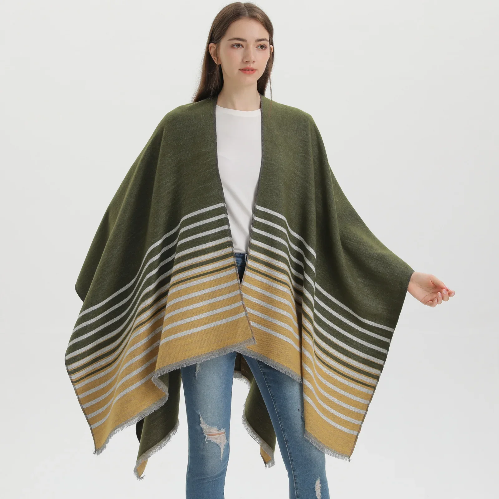 Capa Poncho para mujer, capa a la moda de imitación de Cachemira para otoño e invierno, chal para habitación con aire acondicionado estampado de doble cara