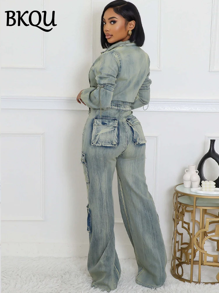 BKQU Cargo Denim Pants Two Piece Sets Women Long Sleeve Zipper Short Jacket Multi-Pocket Straight Jeans Retro High Street Outfit