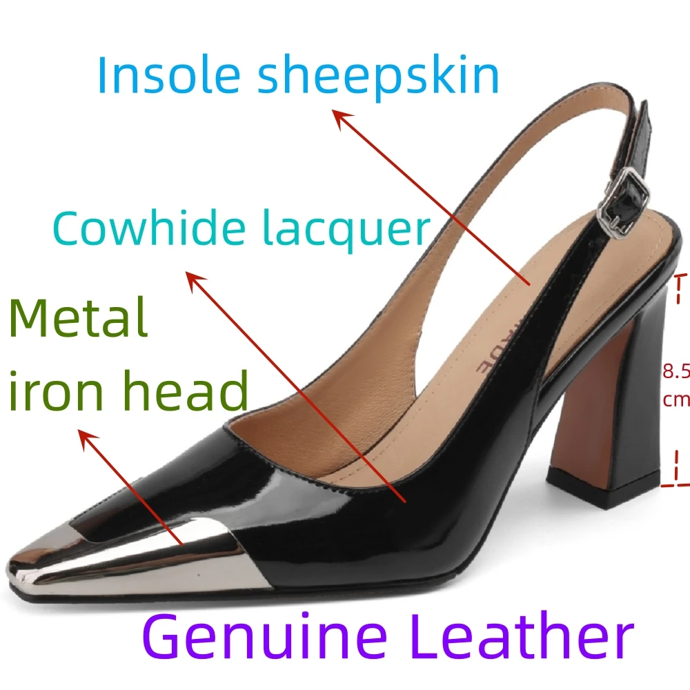 【JOCHEBED HU】Brand Genuine Leather Heels Shoes Block HighSlingback Pumps Double Buckles Ladies Nude Back Empty Sandals 33-41