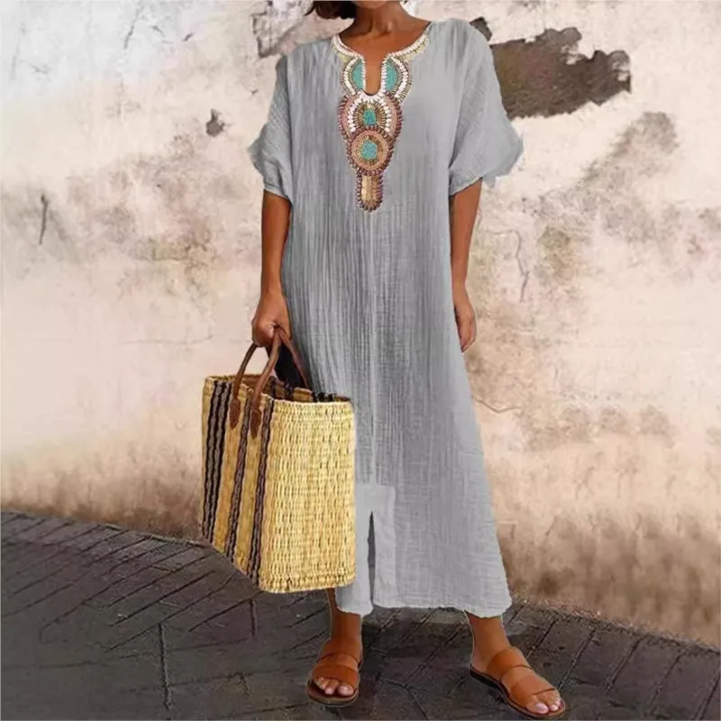 

Vintage Boho Women's Dress 2025 New Summer Embroidered V Neck Short Sleeve Loose Long Dress Split Maxi Party Dress for Vacation