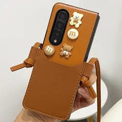 Cute Cartoon Bear Crossbody Leather Phone Case For Samsung Z Fold 7 6 5 Z Fold 5 4 ZFold 4 W25 Card Pocket Phone Cover Funda