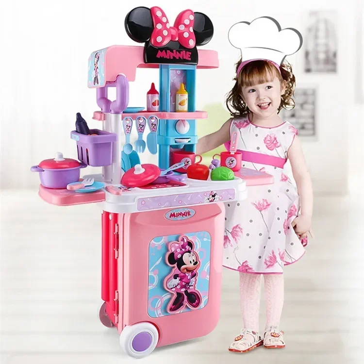 Disney 3 en 1 Minnie mouse cubierta de carrito juego de cocina para niños con vajilla de cocina ligera juego de casa juguetes niños regalo de cumpleaños