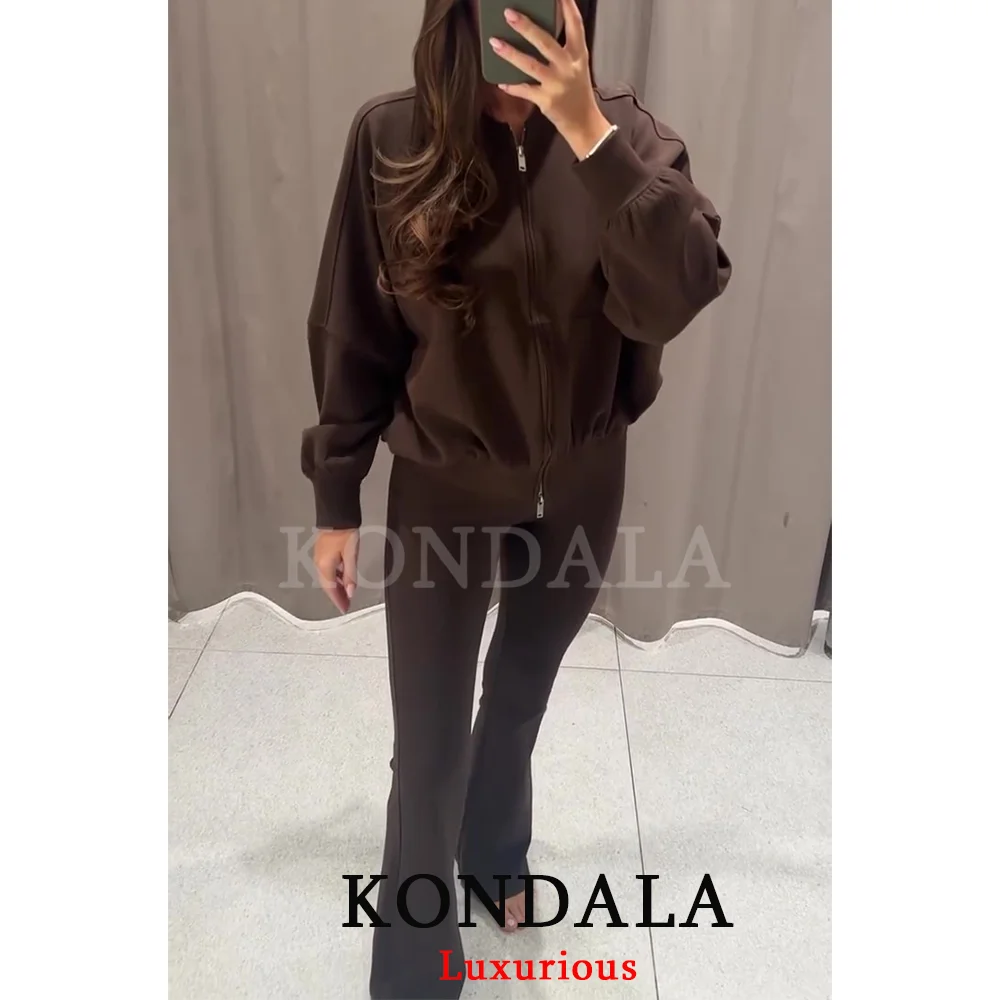 KONDALA Casual Chic Marrone Cioccolato Abiti da donna Manica lunga Giacche larghe Pantaloni lunghi a zampa d'elefante Sport elastici Tute da corsa femminili