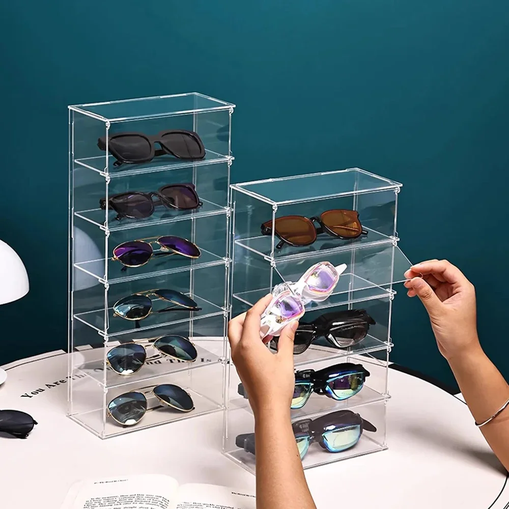 yesAcrylic Glasses Display Storage Figurines Doll Stand Toy Organizer Dust Proof Sunglasses Organizer Storage Shelves Transparen