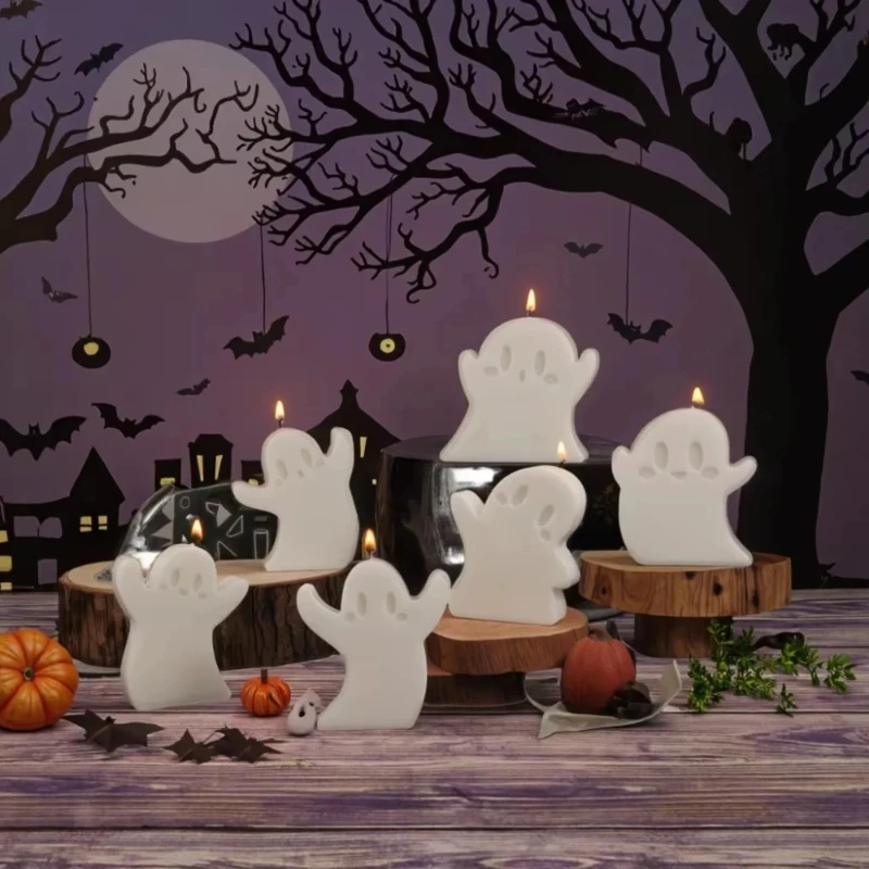 6 ピース/セットかわいいゴーストキャンドルシリコーン型 DIY ハロウィン要素樹脂型フラット石膏作成ツールパーティークラフトギフト家の装飾