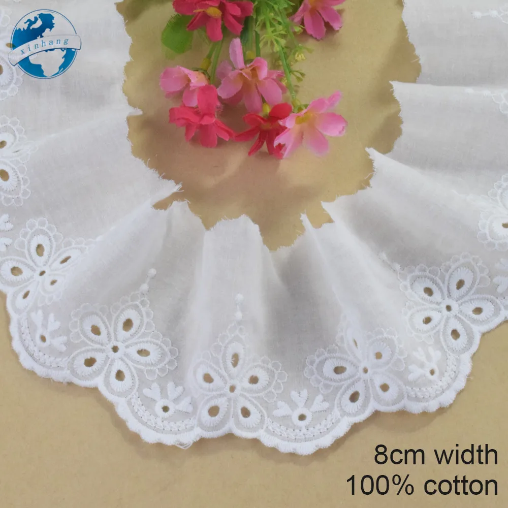 Pure Cotton Fabric 8CM Wide White Lace Embroidery Sewing Ribbon Trim Wedding Evening Dress DIY Dolls Colthes Accessories #4299