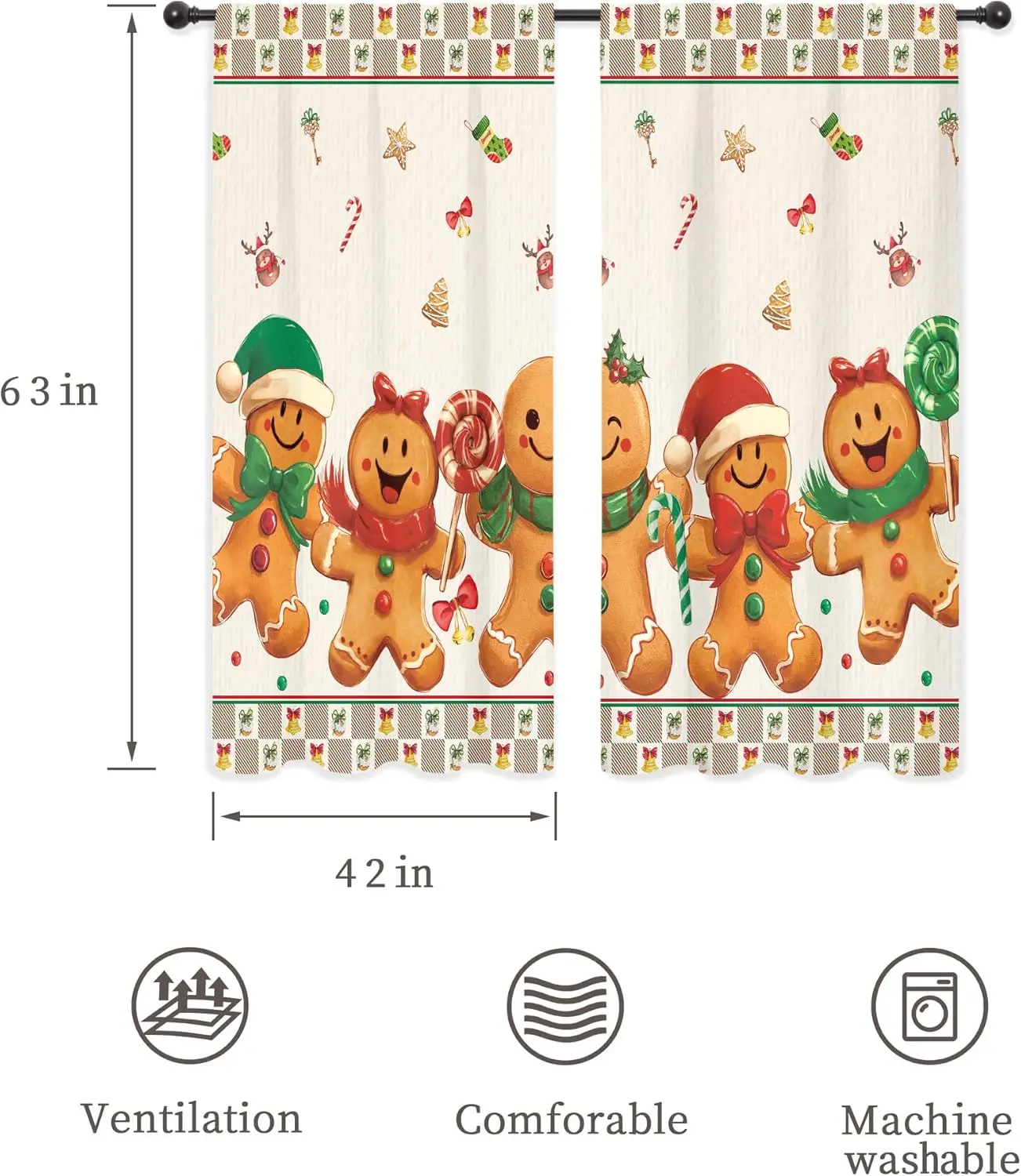 Merry Christmas Curtains Xmas Candy Cane Cute Gingerbread Man Bow Snowflake Jingle Bell Winter Holiday Rod Pocket Lovely Bedroom