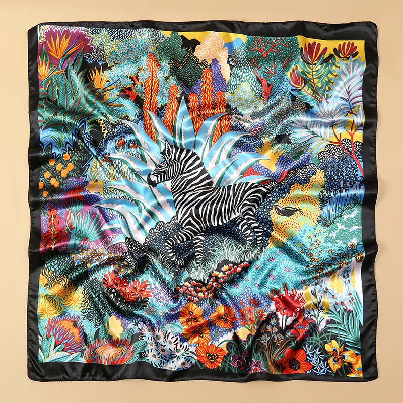 Women Luxury Silk Scarf Zebra Printed Scarves Square 90x90cm Shawl Travel Headscarf Hijab Bandana Neckerchief Foulard