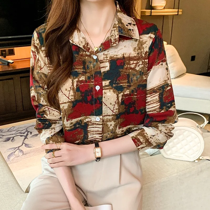 

2025 Autumn New High-end Trendy Stand-collar Shirt Design Printed Long-sleeved Chiffon Shirt