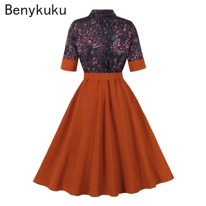 Vestido vintage elegante de meia manga com botões para mulheres 2025 gola contrastante de camada dupla floral patchwork bolsos vestidos midi