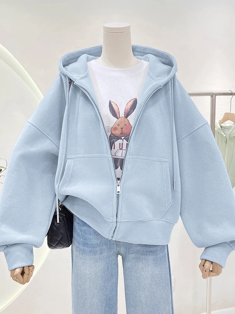 Shandong Jimo Zip-up Hoodie Women's 2024 New Popular Spring and Autumn Milk Blue Cardigan Top Hoodie