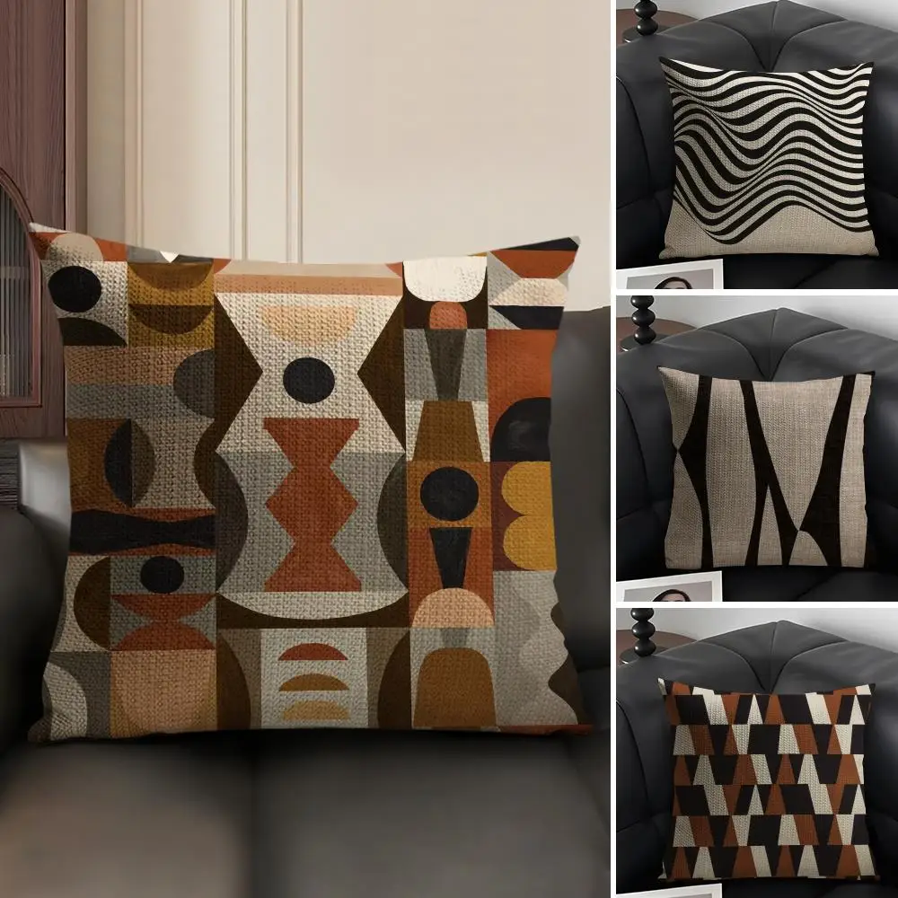 Reduced Geometry Pillow Case Natural Linen Organic Fabric Double-Sided Printing Sofa Home Decor Gift Cushion Cover