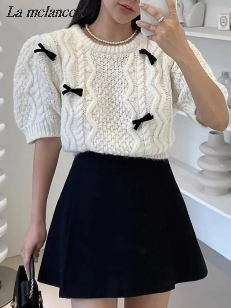 

Elegant Chic Pullover Woman Spring Summer 2024 New Bow Knit Pull Sweater Shorts Sleeve Female Korean Fashion Loose Casual Jumper