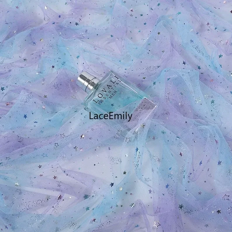 

Gradient star moon lace fabric , Shimmering Rainbow Meteor wedding dress, bridal veil, stage decorations 1 yards