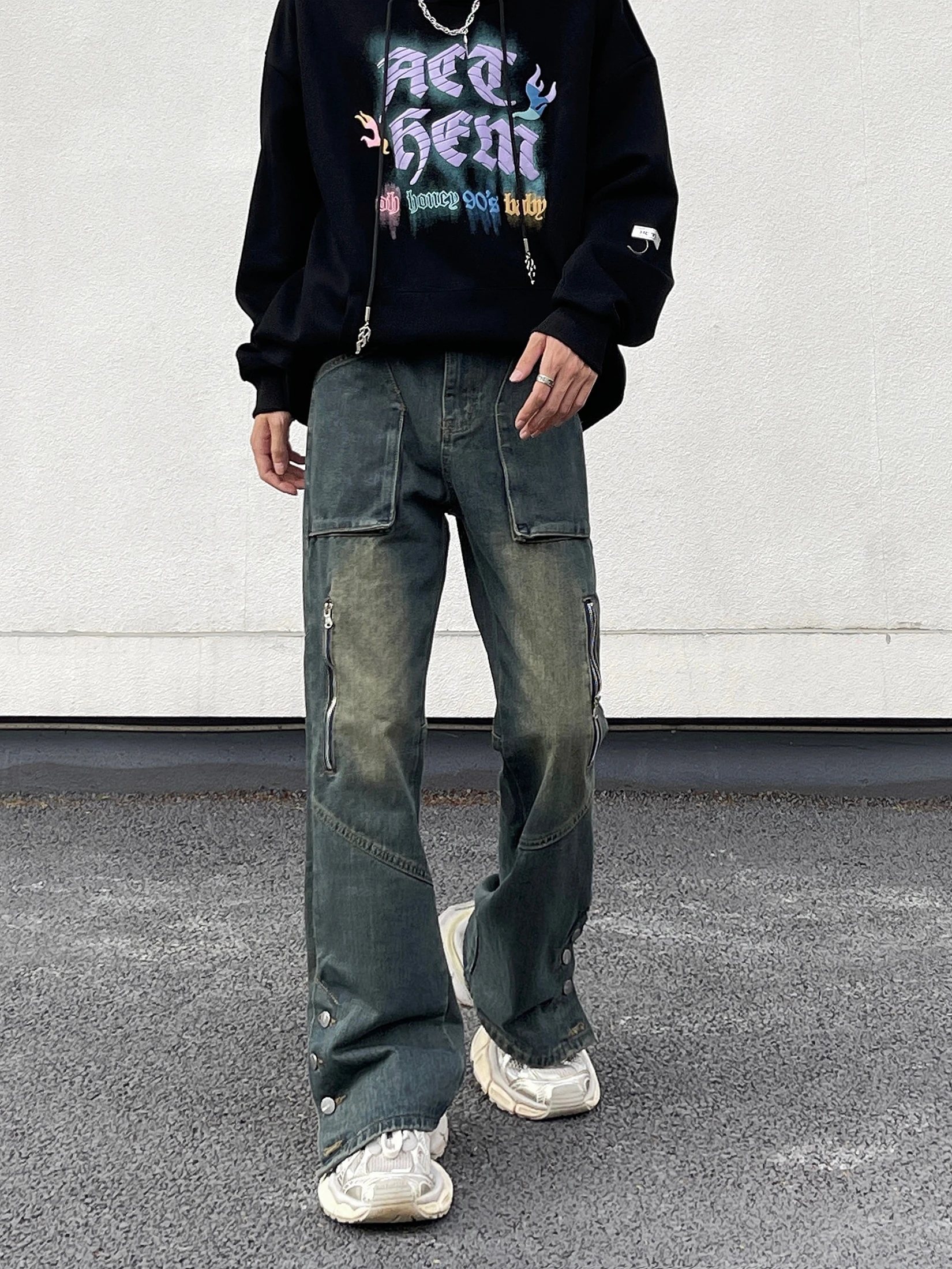 High Street American Vintage Wash Button Spliced Jeans Men's Loose Straight Tube Workwear Harajuku Punk Pants