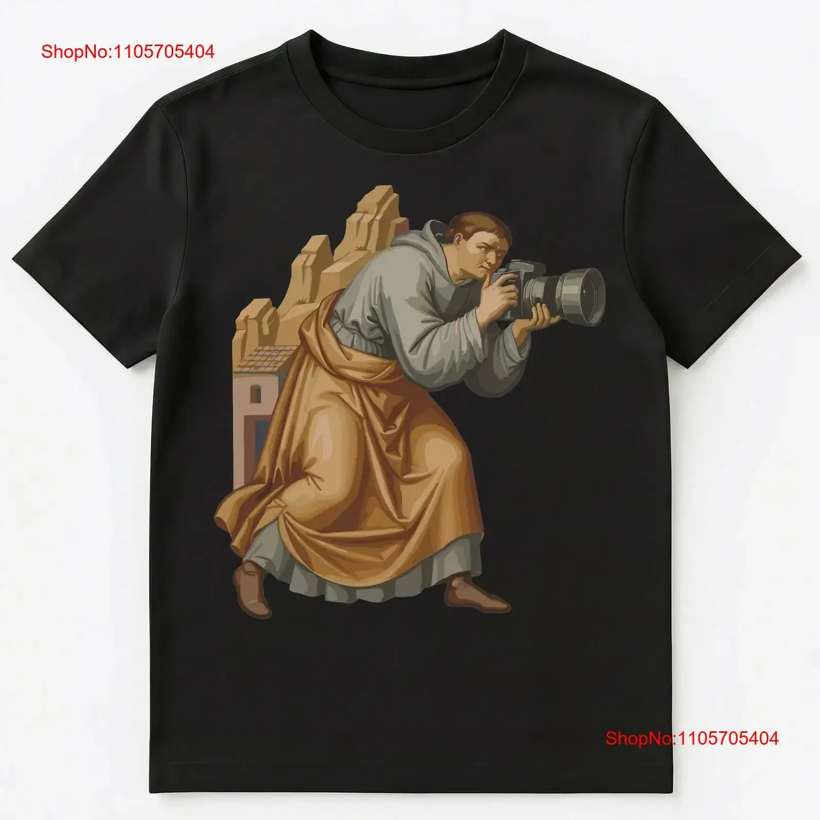 Photographer Monk Historical Camera Enthusiast Art T Shirt long or short sleeves vintage Washed fashion Versatile Soft Slightly