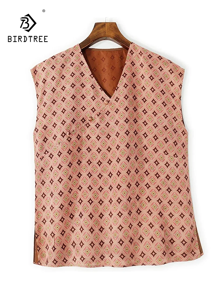 

BirdTree-35MM Silk Watered Gauze Elegant Vest, Women V Neck Jacquard, Retro Commute Loose Tank Top, 2025 Summer New T56961CC